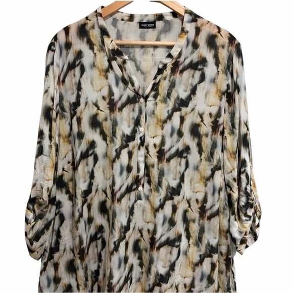 Gerry Weber Tops - Trendy Women's Abstract Print Blouse with Half Button-Up Front and Roll-Up Tabs